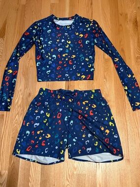 TomboyX Navy Swim Suit Set S Heritage Board Shorts XS Long Sleeve Rash Guard